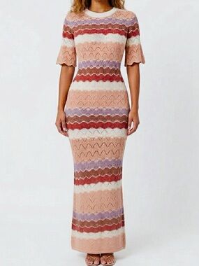 POL Crochet Chevron Striped Maxi Dress Bodycon Stretchy Crochet Dress